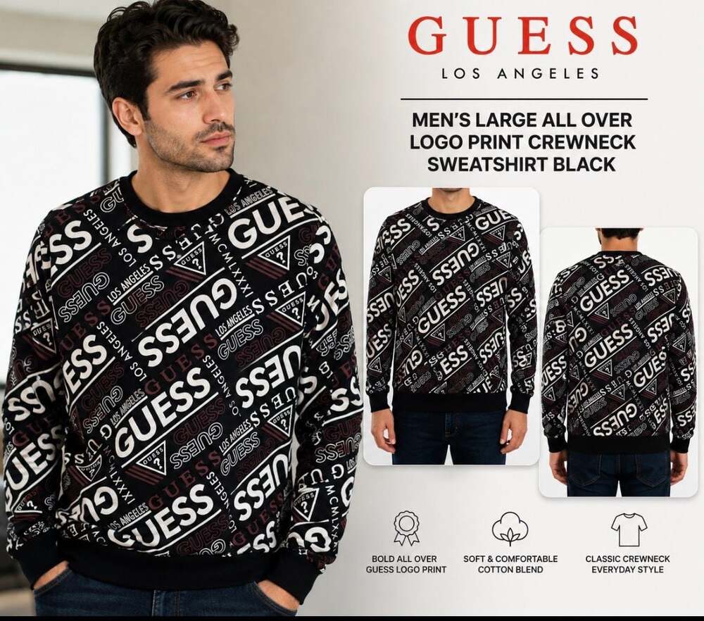 GUESS Los Angeles Mens L All Over Logo Print Crewneck Sweatshirt Black